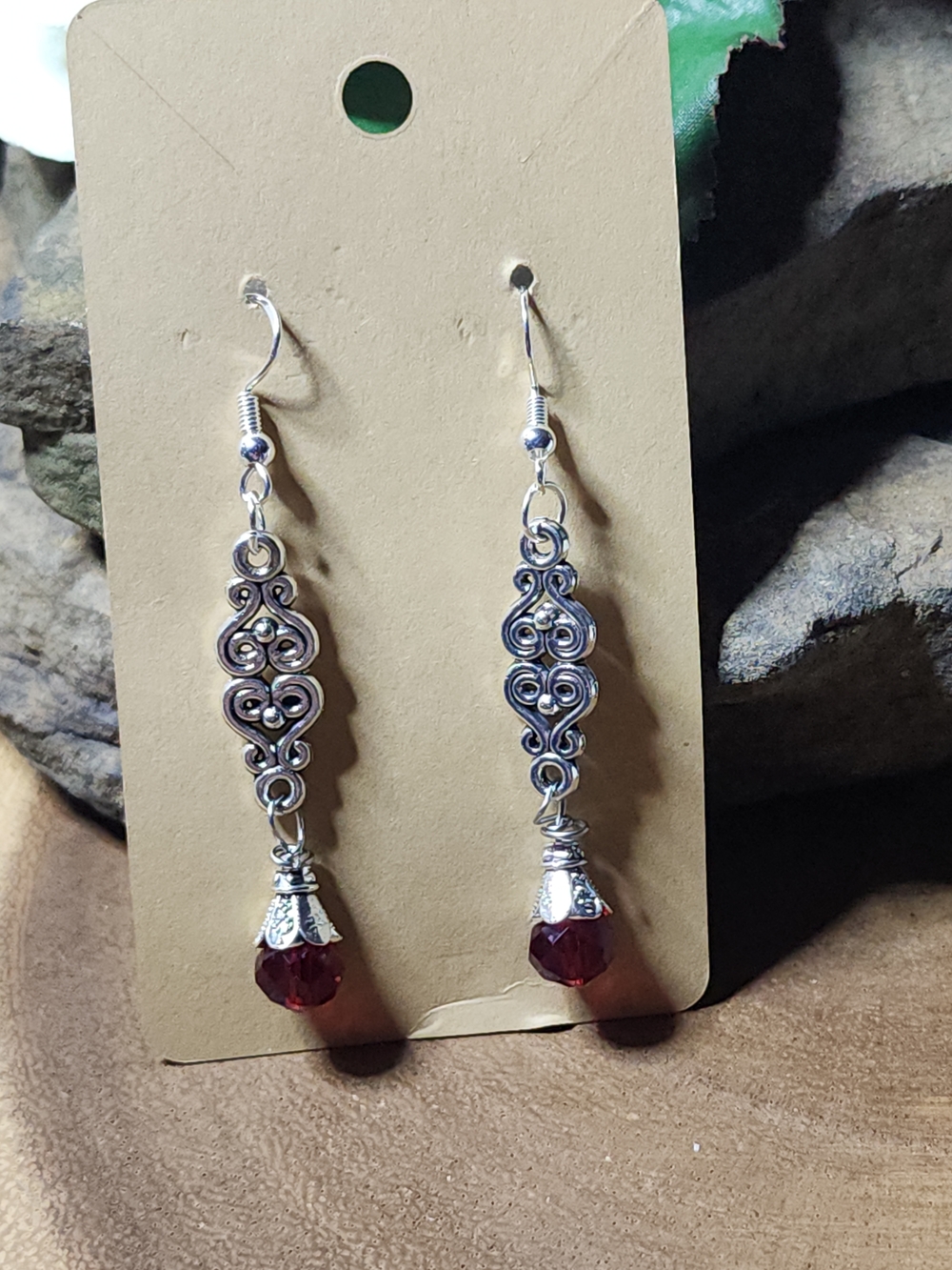 Silver Toned Filigree Drop Earrings with Deep Red Glass Crystal Beads